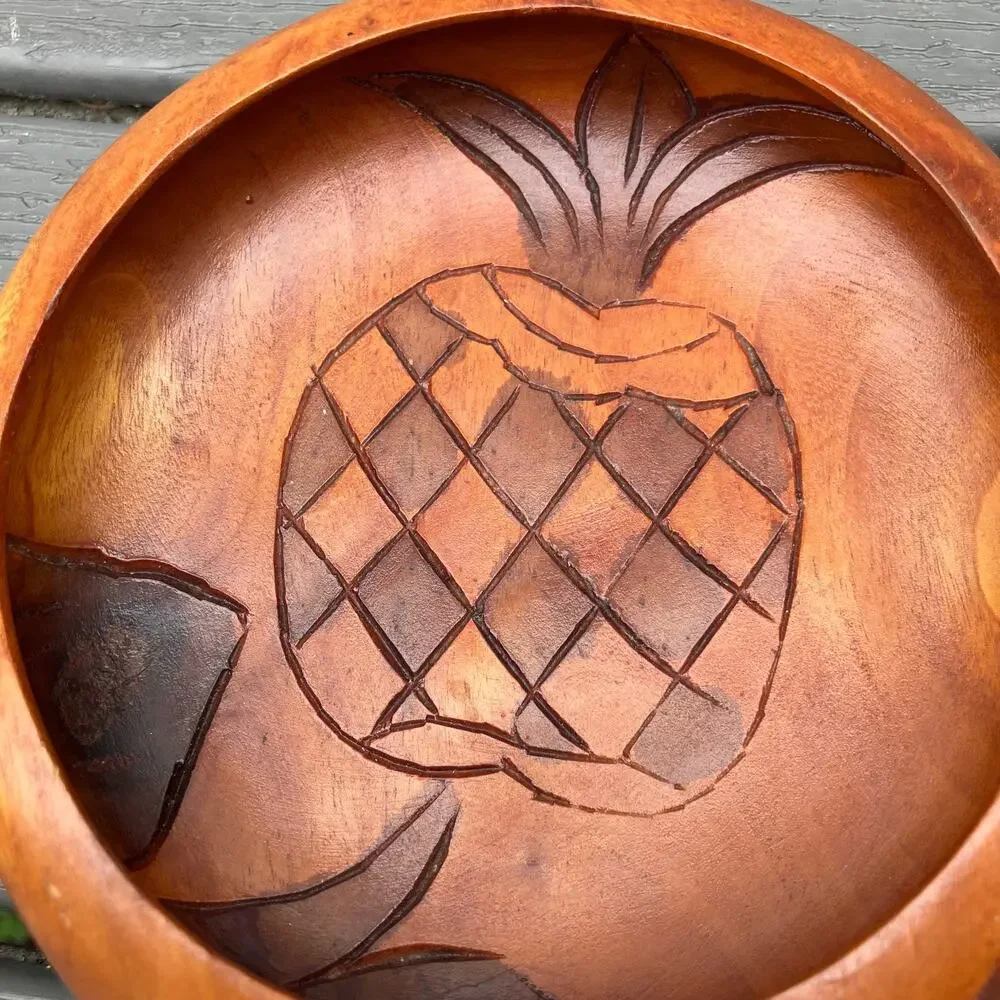 Vintage 60s 70s hand carved teak small wood bowl with carved pineapple, bohemian